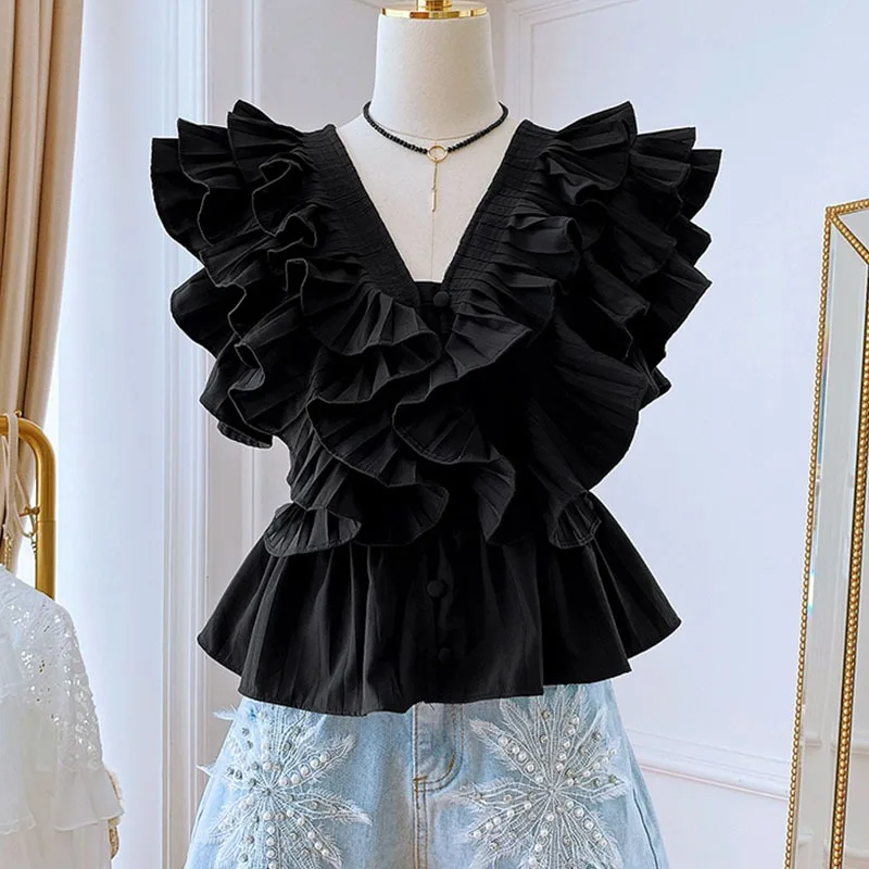 

Красный женский дизайн V-Ne irt Sensation, лето 2022, со сборкой на талии, маленький топ Flng Sve Ele, свободный крой с кружевной отделкой