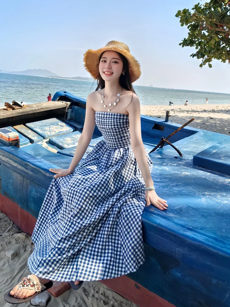

Romantic Sweet Plaid Strapless Dress Women Summer 2026 New Beach Vacation Slimming Long Dress Field Style Backless A-Line Skirt