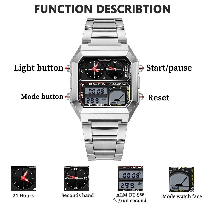 LIGE Square Electronic Men\'s Watches Top Fashion Stainless Casual Sports Man Watch Dual Time Waterproof Digital Wristwatch Reloj