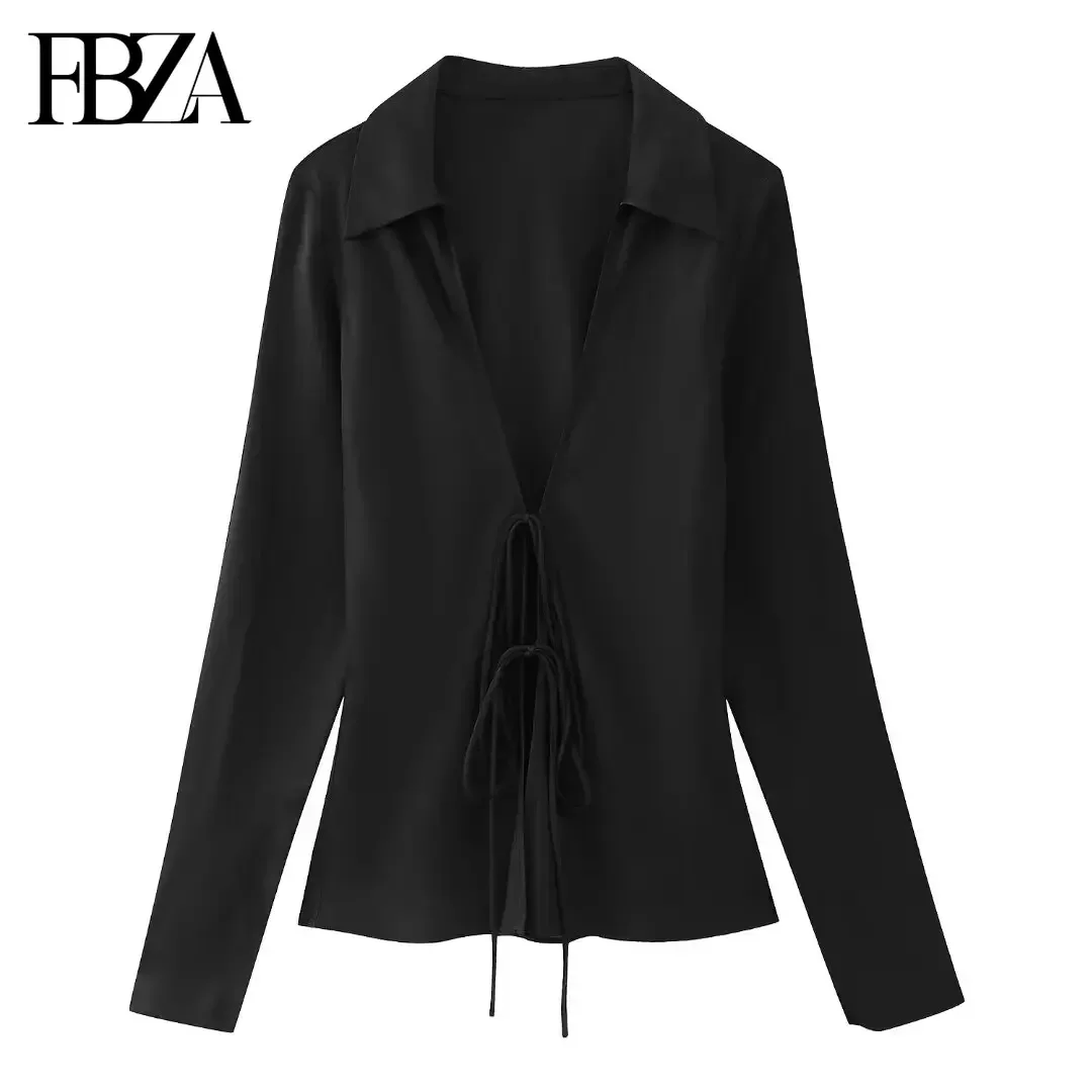 TRAF Women Fashion Spring New 2024 Bow Satin Texture Long Sleeve Lapel Blouse Street Clothing Shirt Chic Ladies Tops Mujer