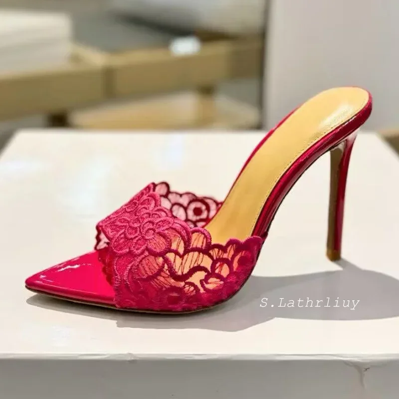 Slippers Thin High Heels Women Summer Pointed Toe Embroidery Lazy Sandals Transparent Mesh Outdoor Party Dress Shoes Stiletto