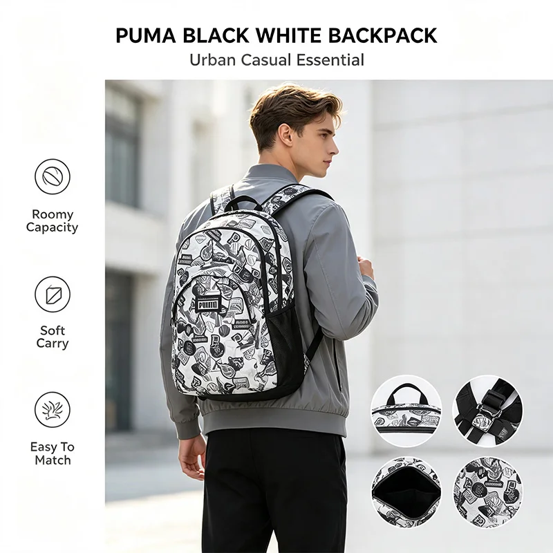 Puma Graphic Backpack Black White School Backpack All Over Print Adjustable Shoulder Durable Spacious Casual Campus Daypack