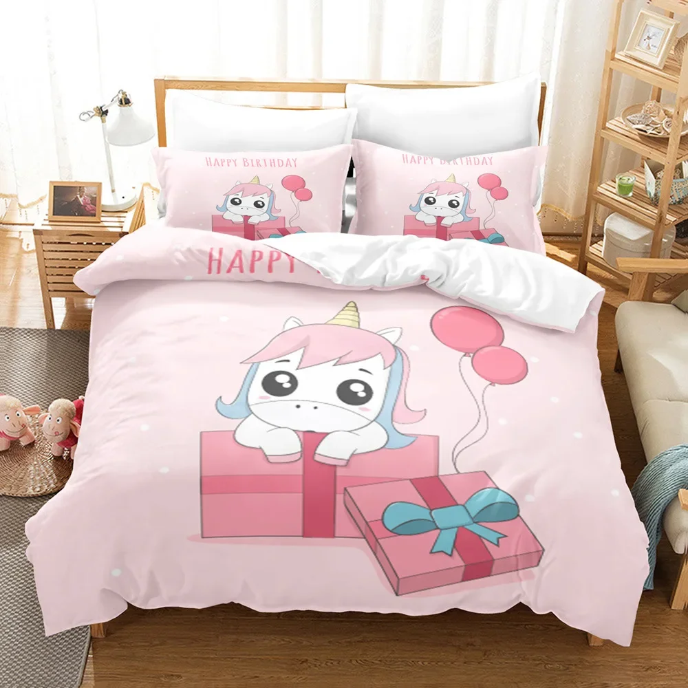 Quilt Cover Sets Kid Bedroom Comforter Set Single Size Pink Unicorn Cartoon Bed Linens Happy Birthday Kids Bedding Comfortable