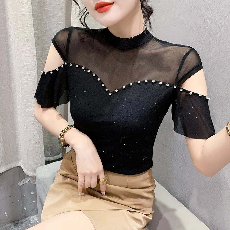 2023 New Summer Korean Clothes T-Shirt Women Fashion Sexy Stand Patchwork Mesh Rivet Tops Short Sleeve Shiny Casual Tees 35050