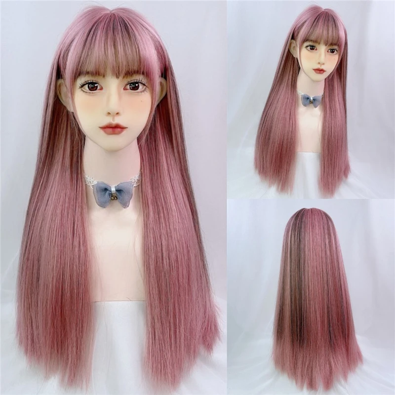 VICWIG Black Pink Highlights Long Straight Synthetic Wig Double Color Hair Girl Cosplay Daily Use With Bangs Lolita Wigs