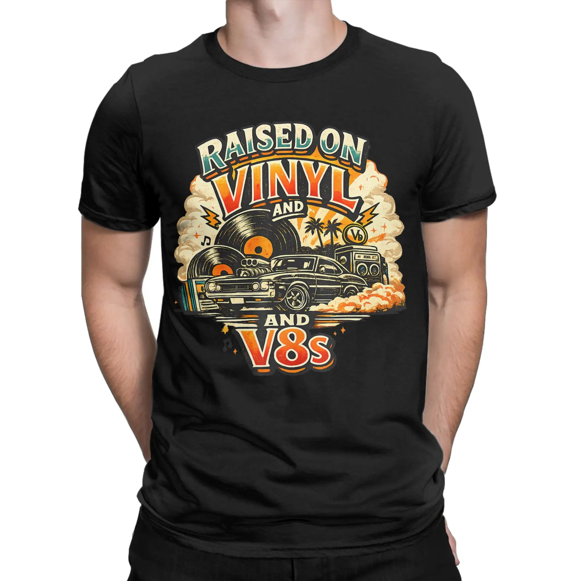 Raised On Vinyl and V8s Retro Car Music Culture T-Shirts for Men  Funny Pure Cotton Tees O Neck Short Sleeve T Shirt Plus Size
