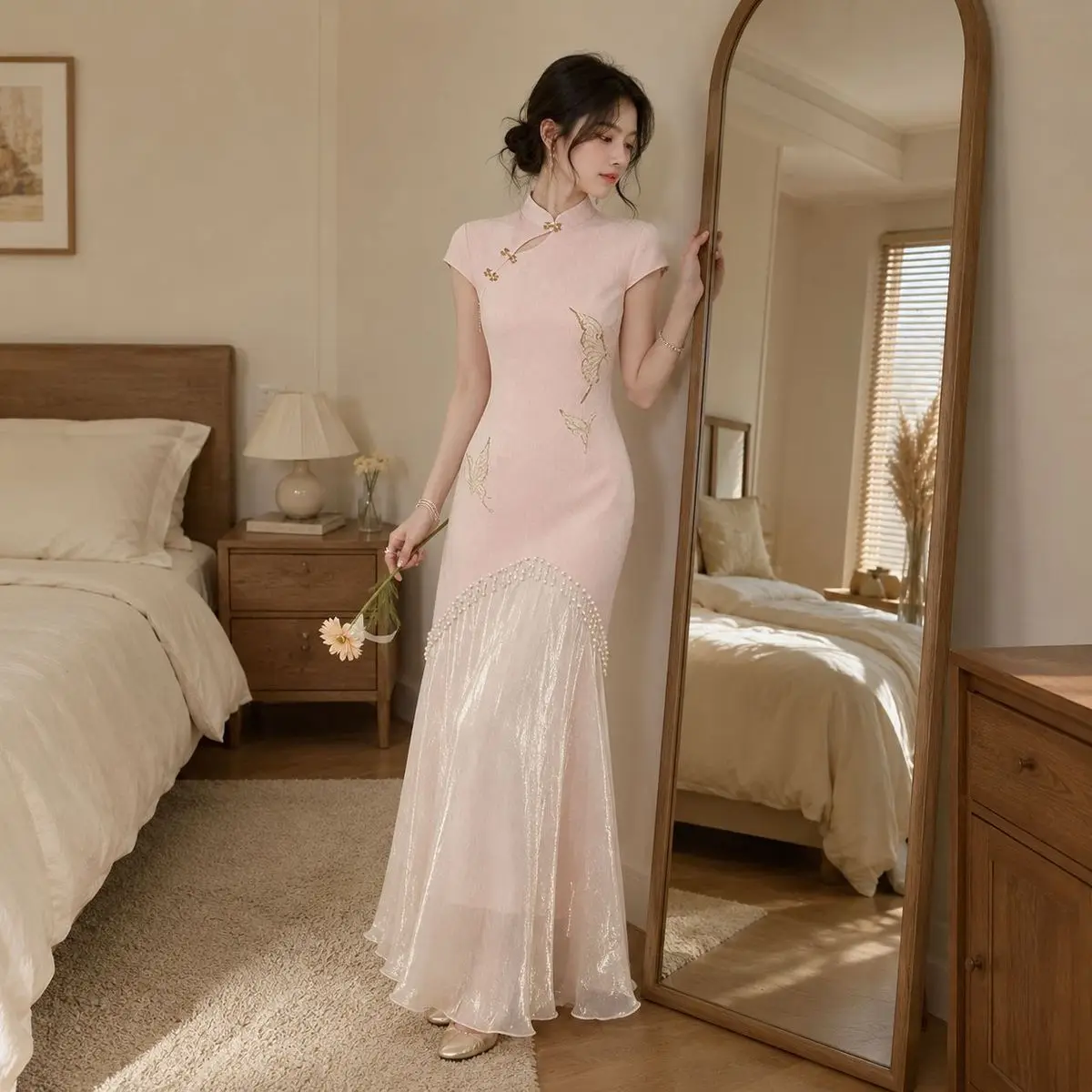 Chinese Qipao Maxi Dress Mandarin Collar Cap Sleeve Butterfly Embroidery Pearl Split Hem Wedding Guest Cheongsam Gown Vestidos