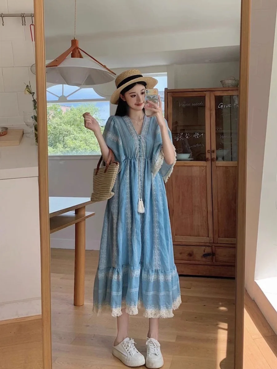 블루 V 넥 보헤미안 비치 휴가 스타일 롱 드레스 여성 플러스 사이즈 여름 여행 의류 a 라인 스커트 반소매