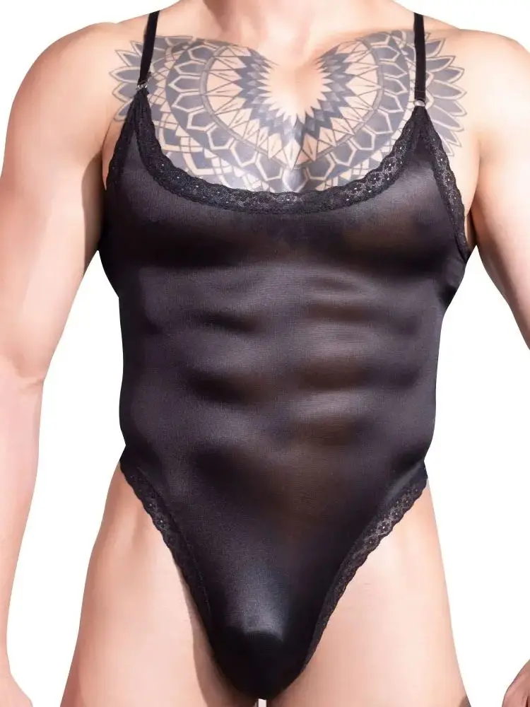 

Men's Buckle Open Crotch Bodysuit Tops Spaghetti Strap Lace Sexy Tights Lift Butt Oil Shiny Sheer Man Onesie Fashion Jumpsuit