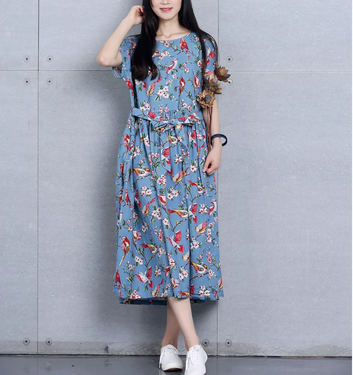 2022 autumn fashion women clothing casual loose Oversize dress  thin blue linen printed short-sleeved vintage dresses female