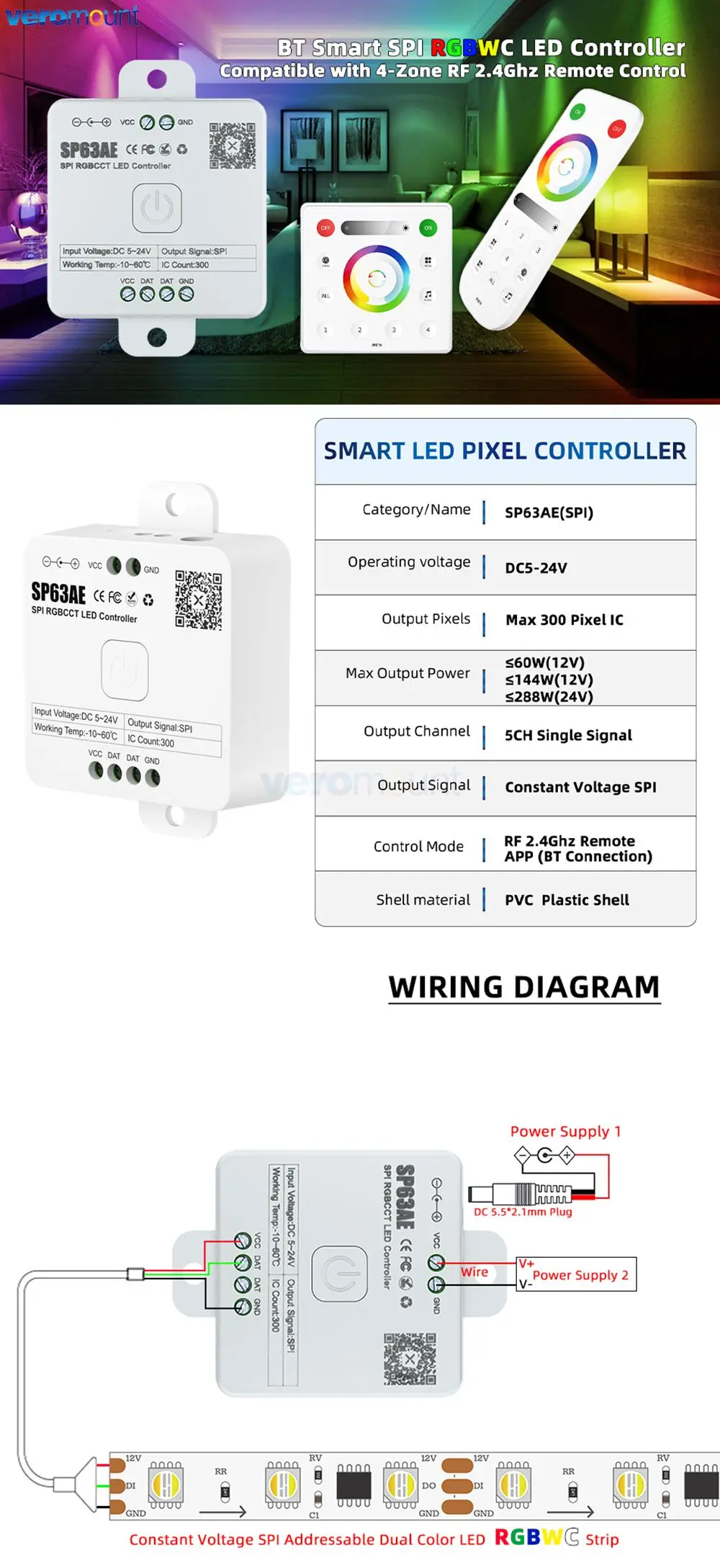 SP636E-SP639E SPI FCOB Pixels LED Controller SK6812 WS2814 RGBW WS2812B RGB Light Strip Bluetooth Music IOS Android 2.4G 5V-24V