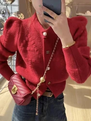 Autumn Winter New Knitted Cardigan Women's Long Sleeved Top Christmas Party Red Fashionable Sweater Popular Base Shirt