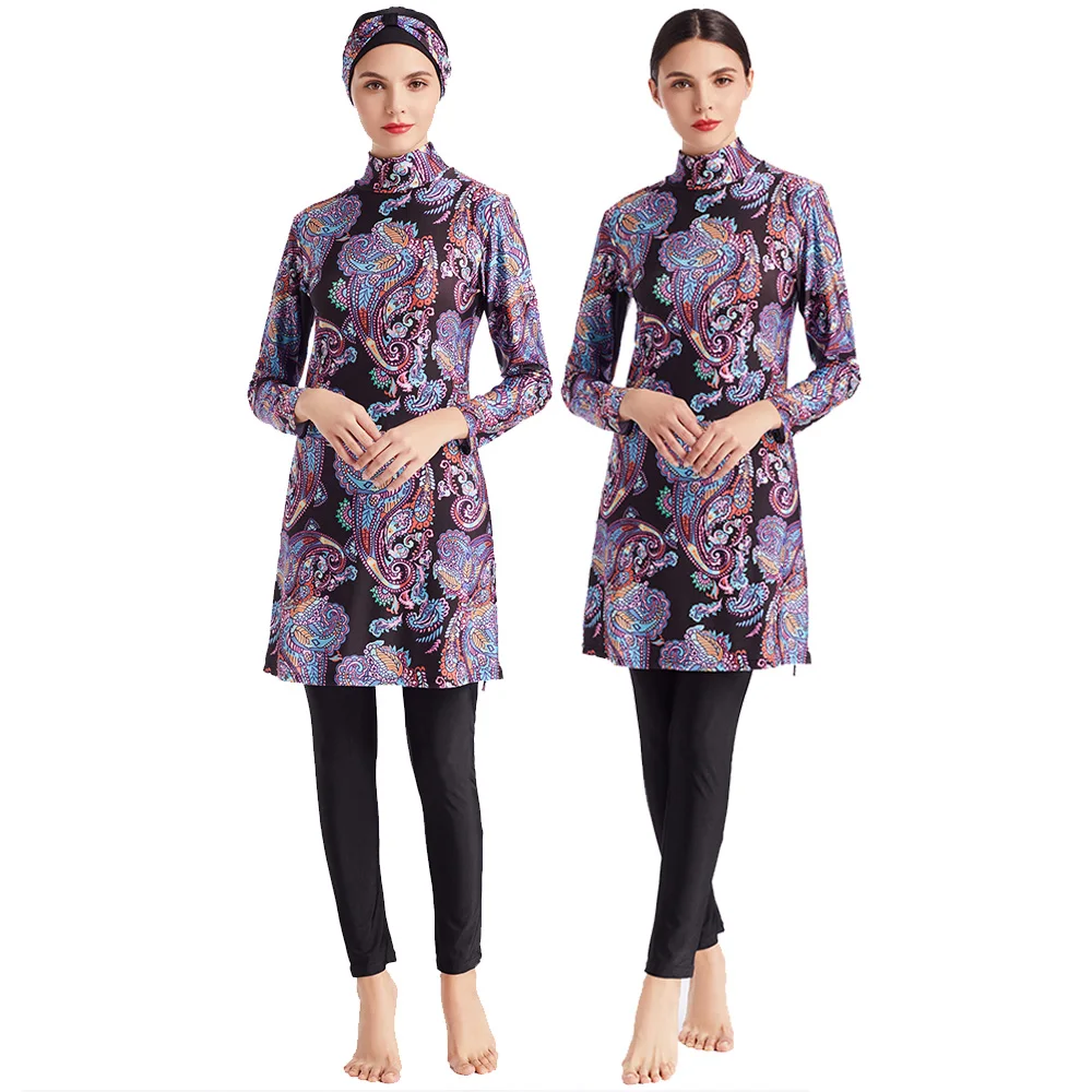 S-4XL Burkini Muslim women's swimwear Plus-sized swimwear Vintage Purple floral patchwork conservative 3pcs swimwear with cap