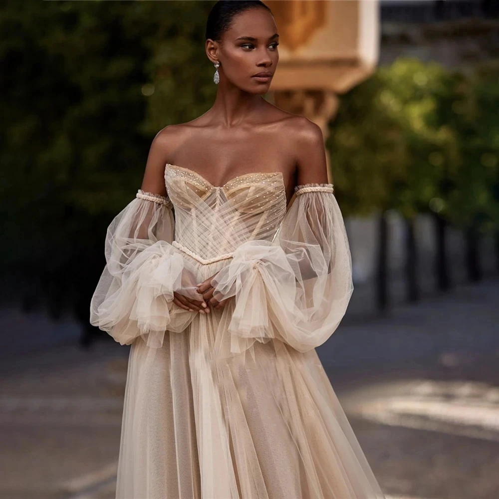 Robe de Mariée en Tulle à Manches Bouffantes, Tenue de Mariage Boho, avec Perles Champagne, Voltage Icide, pour Patients de Plage, Corset Long et Luxueux