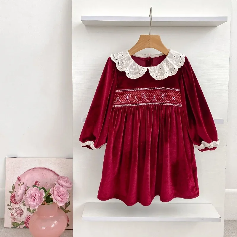 

Christmas Kids Velvet Dress Girls Doll Collar Long Sleeve Lace Party Dress Vintage Princess Dress Children Winter Clothing
