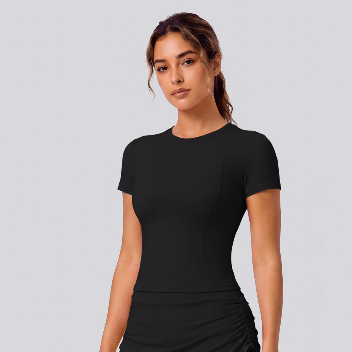 Rooftrellen Schnelltrocknendes Enges Yoga-T-Shirt für Damen, Kurzarm, Einfarbig, Atmungsaktives Sport-Top für Fitness und Yoga – Detail 18