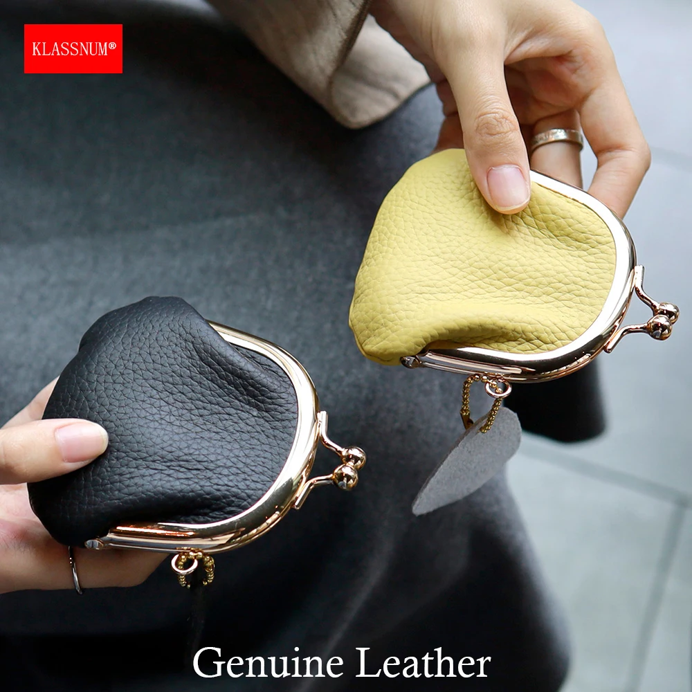 KLASSNUM Mini Genuine Leather Coin Purse Retro Buckle Kiss-Lock Wallet Luxury Pocket-Sized Small Trinket Organizer Wallet Ladies