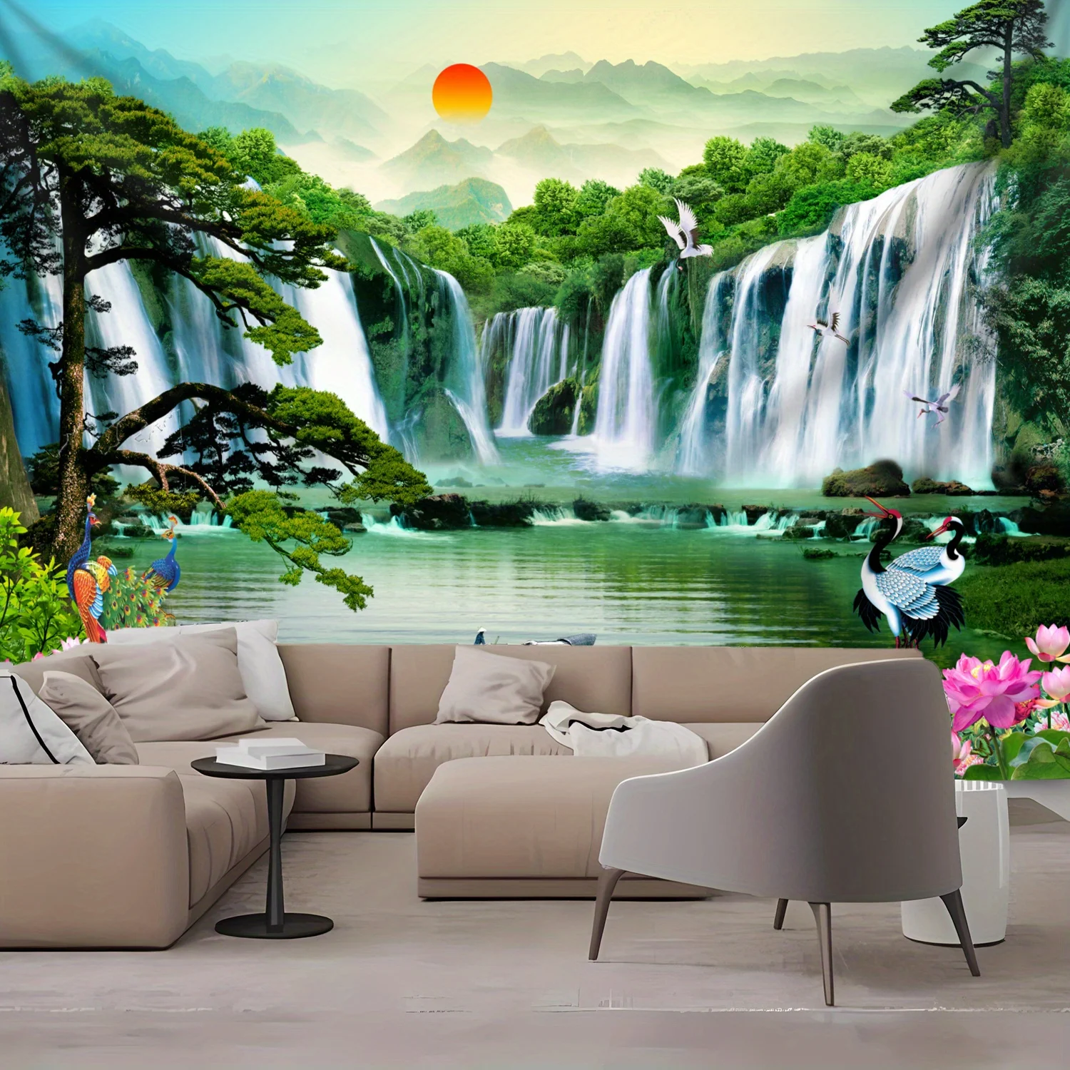 Chinese Landscape Waterfall Wall Tapestry Peacock Cranes Boat Mountain View 2D Flat Print