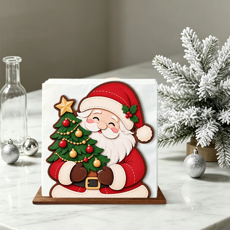 Christmas Santa Claus Wooden Napkin Holder Cute Santa Holding Christmas Tree & Holly Berry Design Tissue Holder