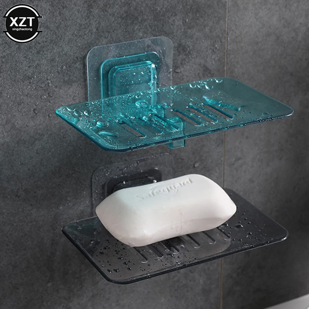 Hot Transparent Acrylic Soap Holder Wall Mounted Soap Dish Drain Plate Self Adhesive Soap Sponge Storage Tray Bathroom Supplies