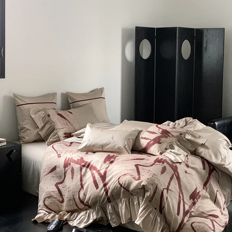 100 Thread Count Pure Cotton Four Piece Chinese Feng Shui Ink Bed Sheet Set, Lace Quilt Cover