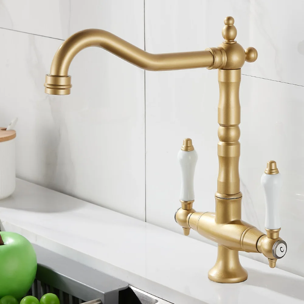 

Antique Brass Dual Porcelain Handle Kitchen Faucet, 360 Degrees Rotation, Hot and Cold Mixer Tap for Sink, Best Kitchen Upgrade