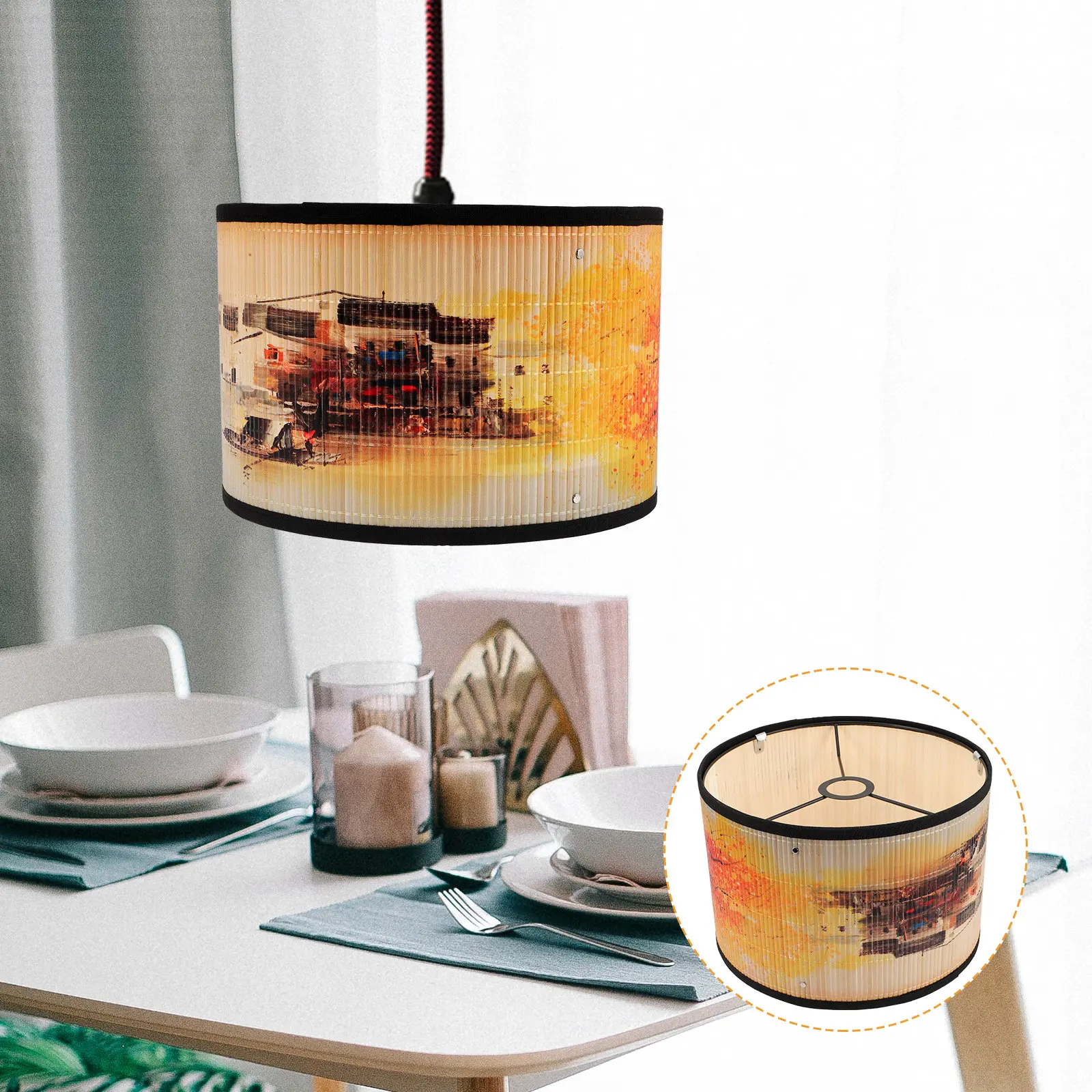 

Бамбуковый абажур с кольцом 4 см, УФ-печать, прочный металл, простая установка, подвесные абажуры, винтажные аксессуары для спальни, плетеные светильники