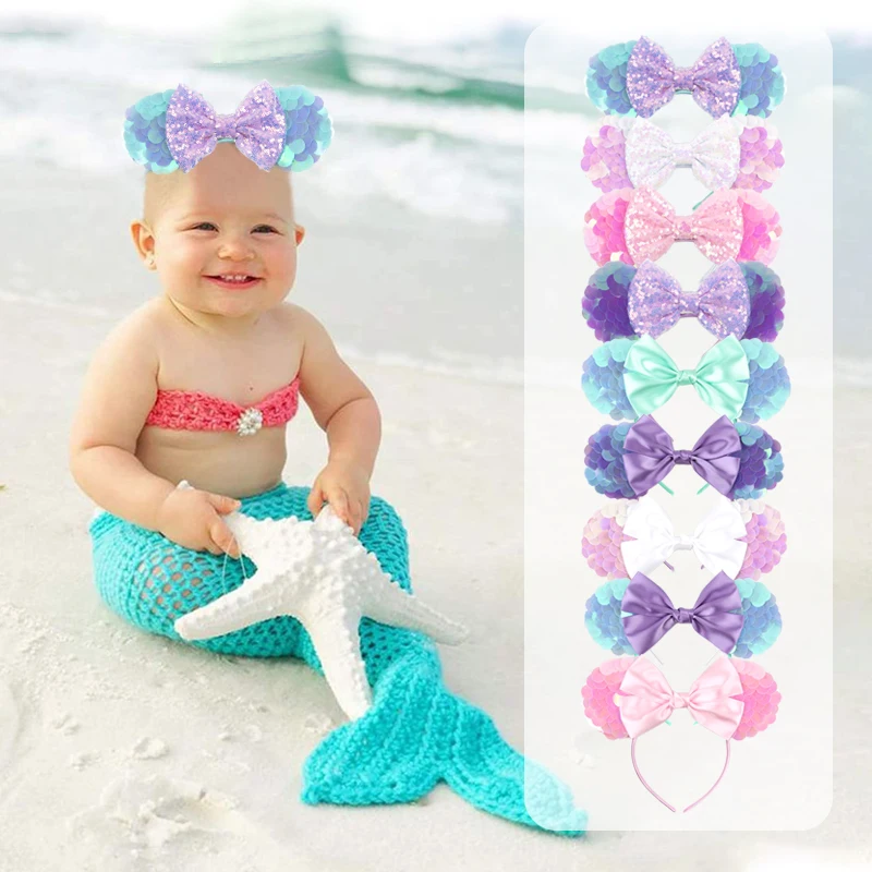 Meerjungfrau-Mausohren-Stirnbänder, Perlenhaar, Pailletten, 5 Zoll große Schleifen für Frauen, Festival-Haarband, Mädchen-Haar-Accessoires, Cosplay – Detail 9