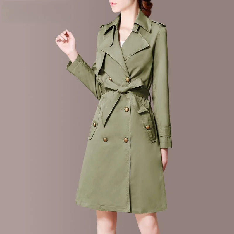 

Faionable OL Sle Double Breasted Suit Collar Windbreaker Jaet Women's Mid-Length Spring Outerwear Polyester Fiber Cotto...