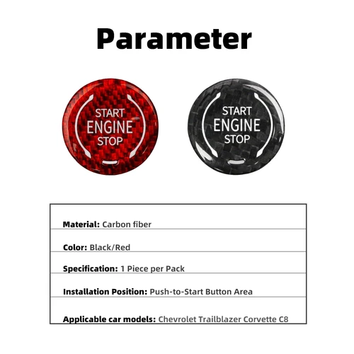 Imagen 2 del producto Cubierta del botón de inicio de un solo toque del coche hecha de fibra de carbono real para Chevrolet Trailblazer Corvette C8, pegatina interior de cubierta decorativa del interruptor de arranque duro, accesorios rojos y negros