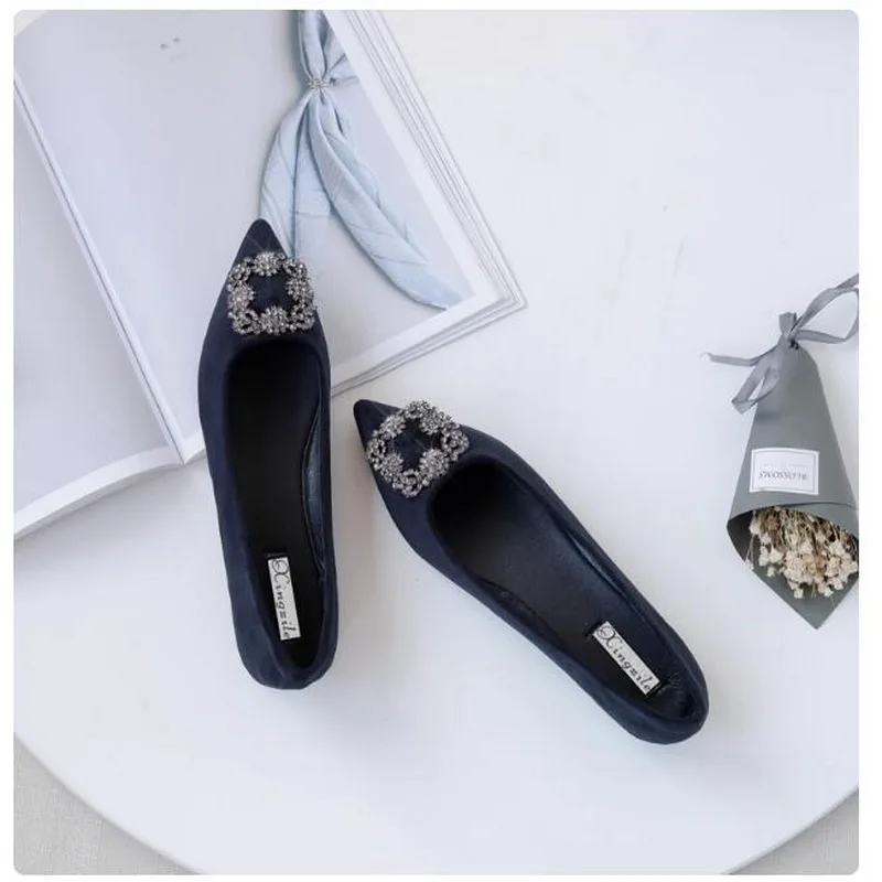 Female\'s Flock Pointy Toe Flats Rubber Sole square button rhinestone Wedding Shoes Flats Larger Sizes #31-46