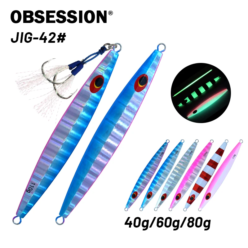 

OBSESSION 40g 60g 80g Micro Jigging Lure Luminous Vertical Slow Metal Jigs Sea Fishing Lures Shore Artificial Bait Assist Hook