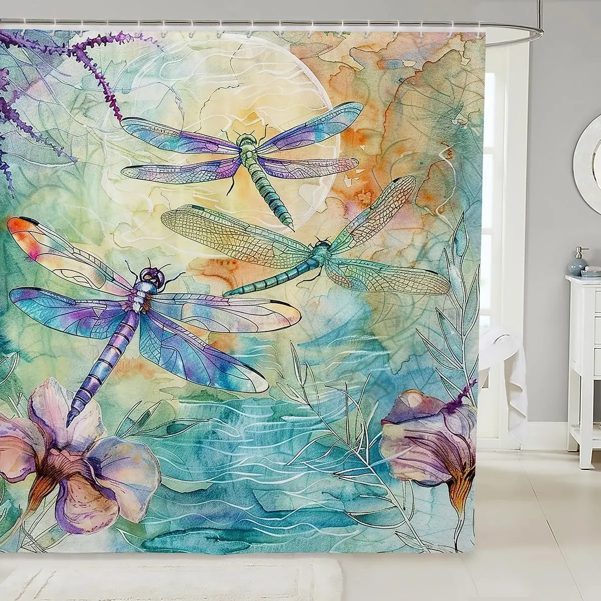 Dragonfly Summer Shower Curtain Butterfly Flower Lotus Dandelion Floral Nature Bathroom Decor Polyester Bath Curtain with Hook