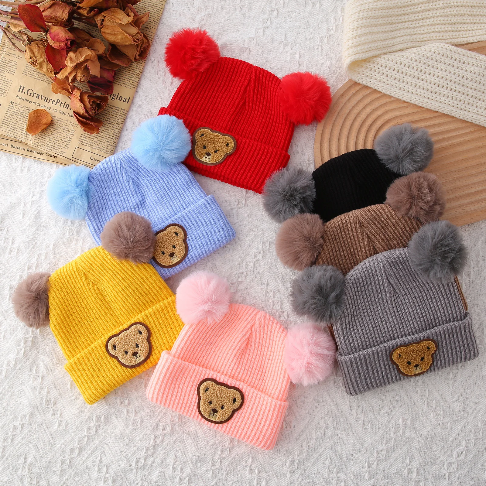 Baby Winter Hat Cute Bear Pattern Knit Beanie Warm Cap for Infant Newborn Cold Weather Accessories