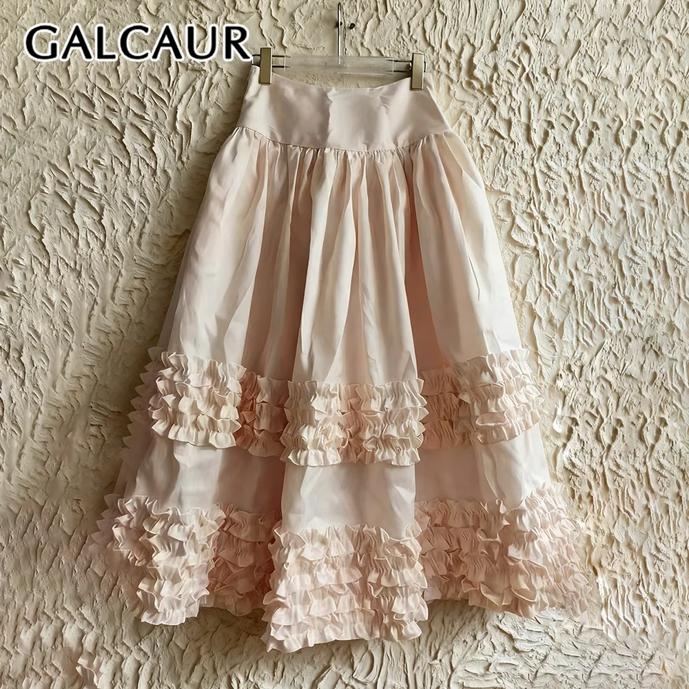 

GALCAUR Solid Spliced Fungus Korean Skirt Female High Waist Loose Elegant Intellectual Women's Long Skirts Autumn Fashion Style