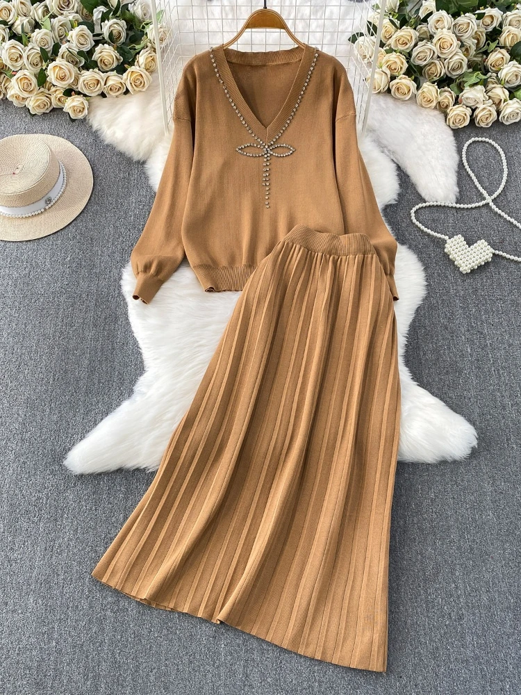 

Women's spring new light luxury fashion two-piece set temperament bow V-neck knitted pullover sweater pleated long skirt