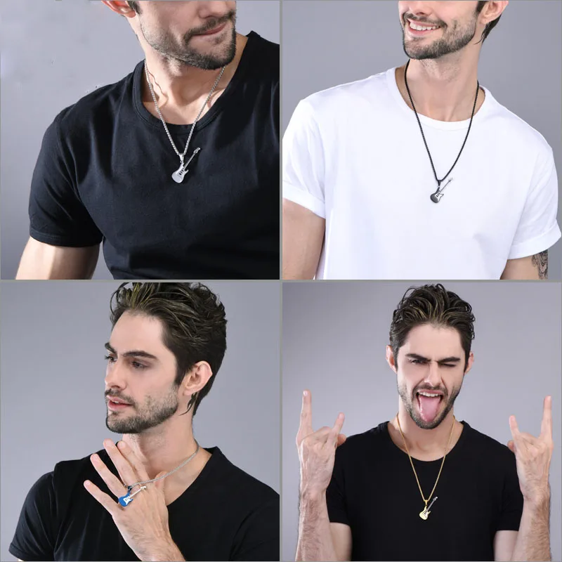 U7 ギターネックレス男性女性のための音楽愛好家へのギフトブラックゴールドカラーステンレス鋼ペンダントリンクチェーンヒップホップロックジュエリー