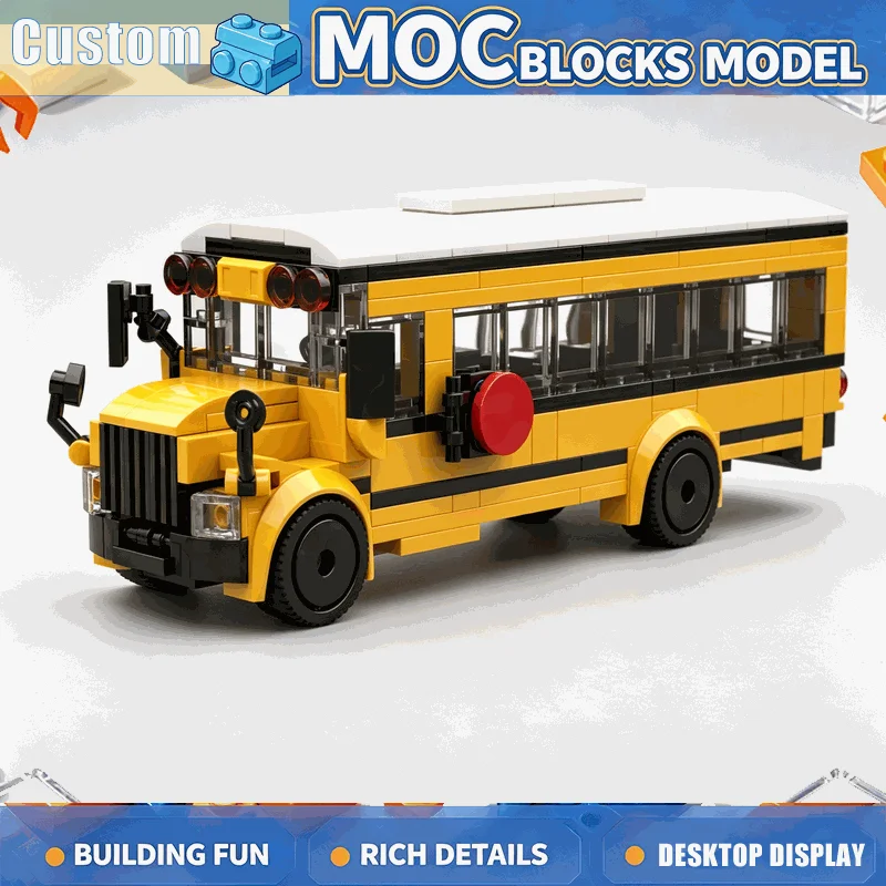 NEW 284PCS Yellow School Bus Vehicle Model Custom Puzzle DIY Building Blocks Creative City Scene Collection Educational Toy Gift