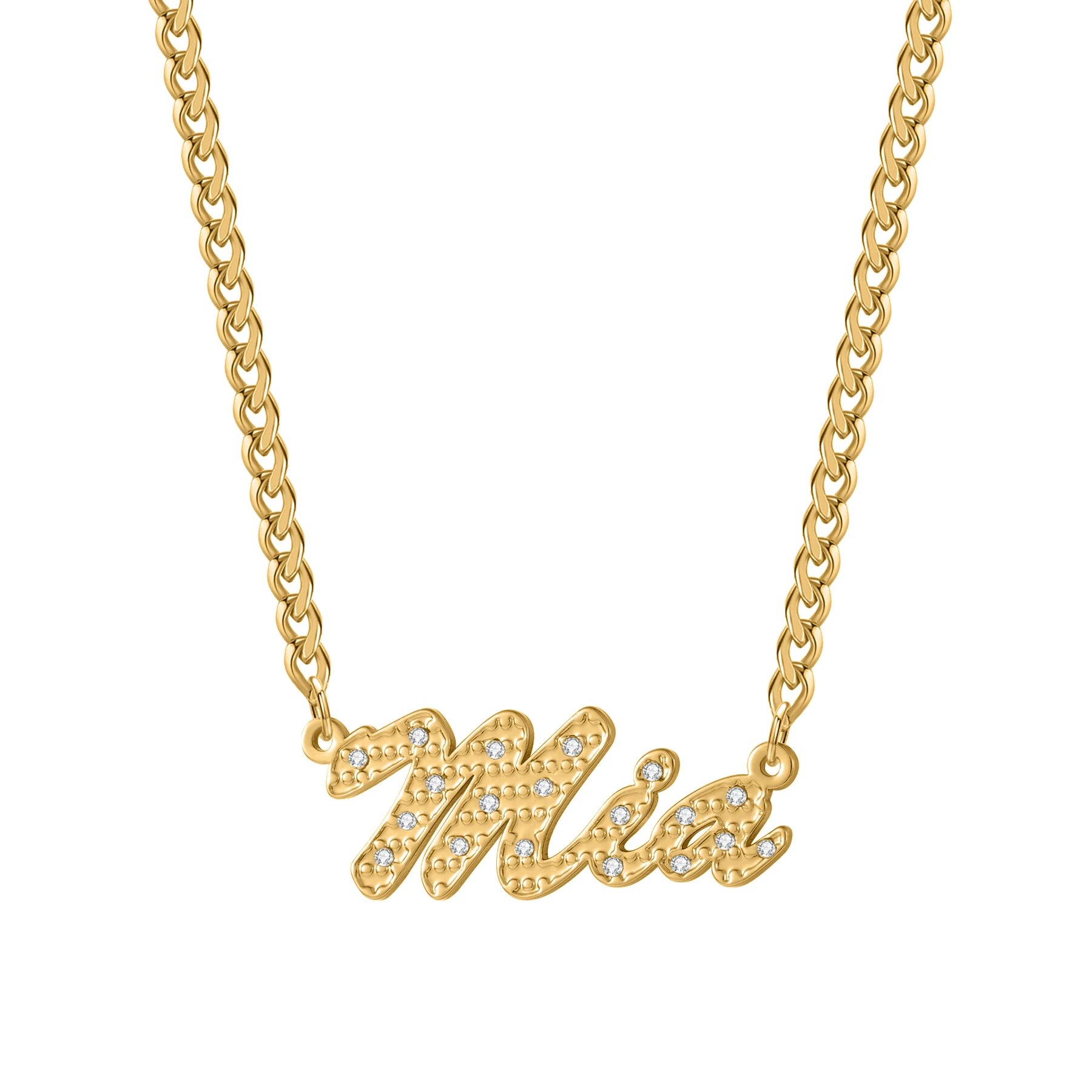 

Custom Name Cuban Chain Necklace Gold Plated Script Name Pendant Letters with Metal Texture Luxury Hip Hop Jewelry Gift for Her