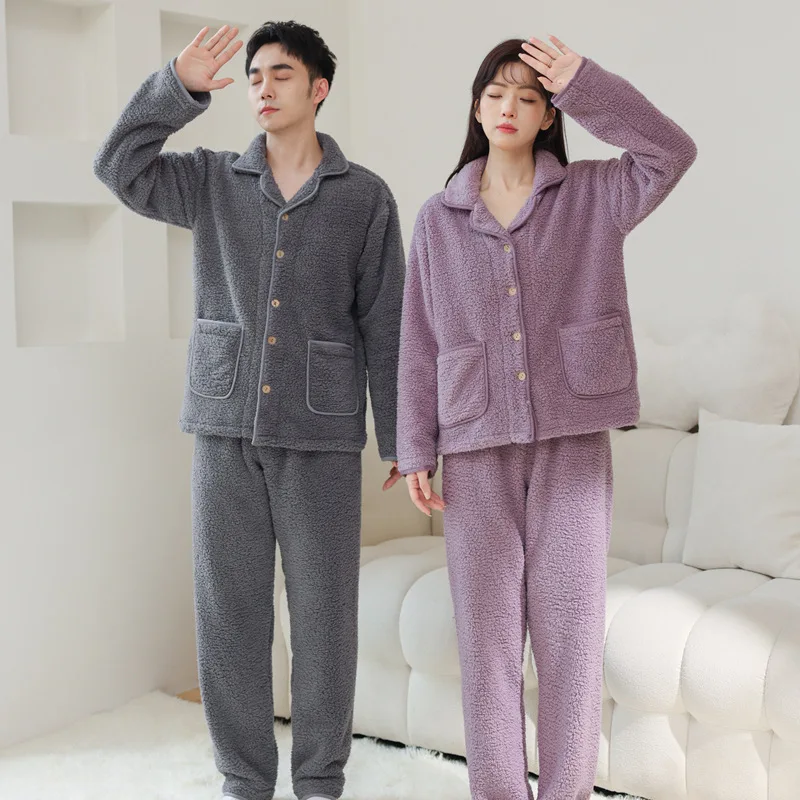 New Couple Pajamas Suit Male Female Double-sided Fleece Lapel Cardigan Homewear Men Women Thickened Coral Fleece Warm Loungewear