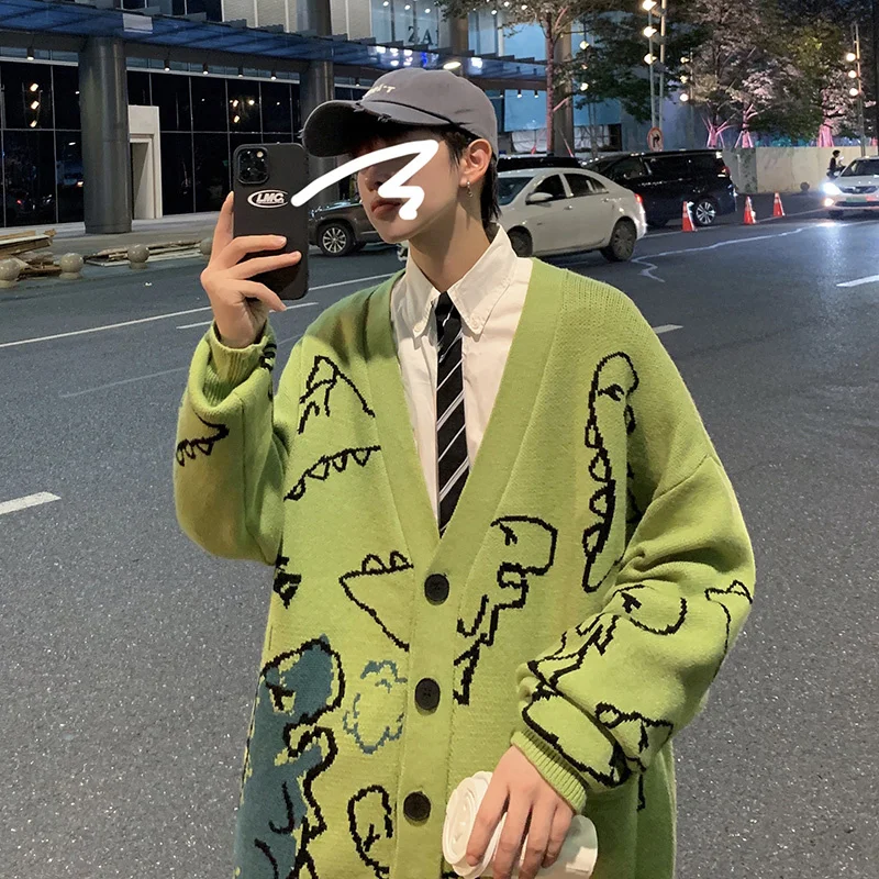 Autumn Oversize Cardigan Men Knitted Dinosaur Sweater Streetwear Loose Male Women Coat 2024 Doodle Hop Pattern Winter