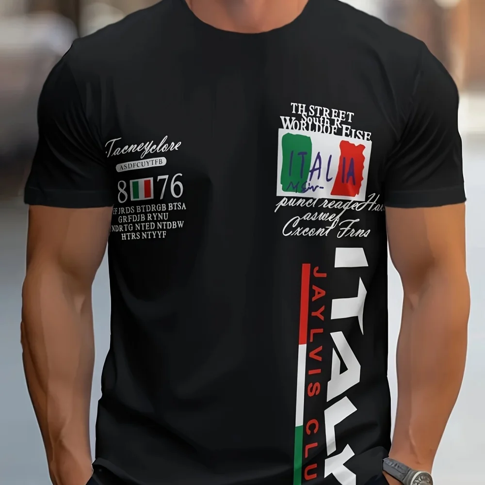 New Trendy Italy Style Men's Clothing Street Hipster Short Sleeve T-Shirts Plus Size Casual Sports Crew Neck Daily Men's Clothes