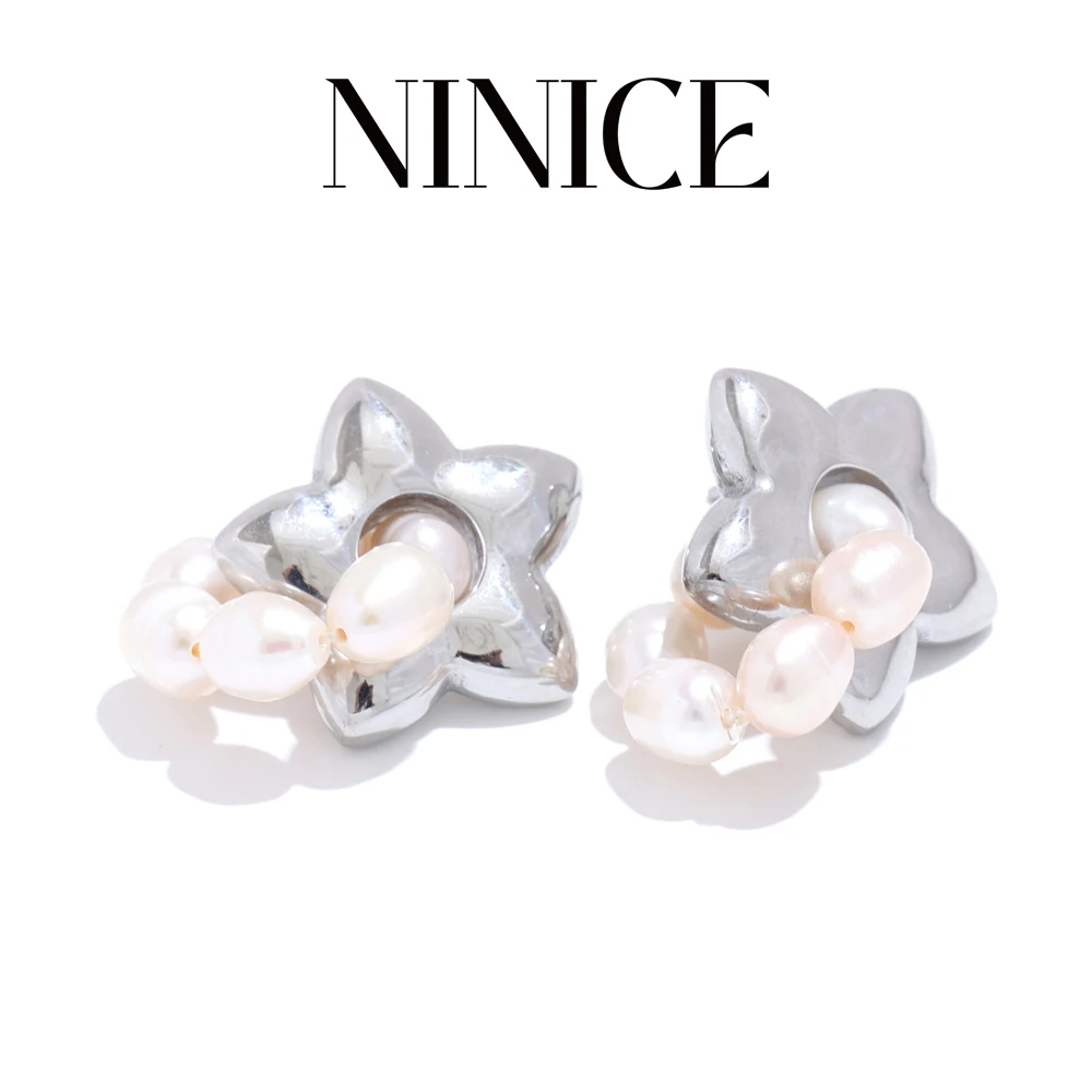 

NiNice Trendy Stainless Steel Natural Pearl Drop Star Earrings High Quality Trending Jewelry Bijoux Femme Gift