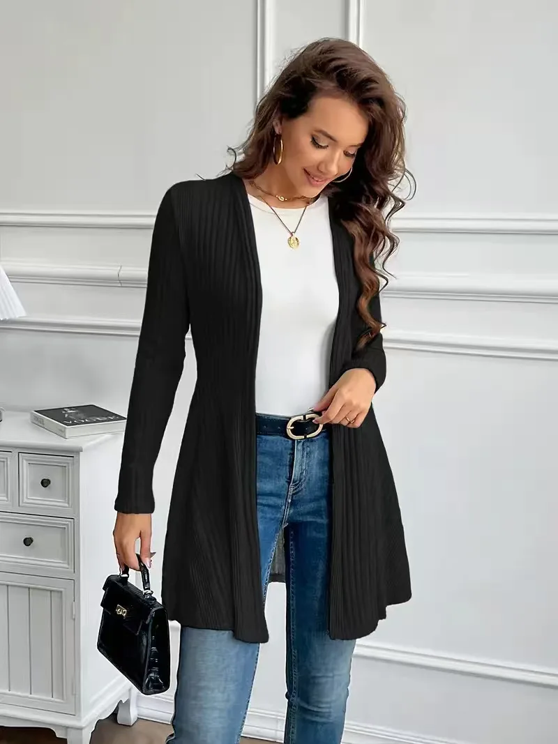 Schwarzer gerippter Strick-Cardigan für Damen, vorne offen, langärmlig, A-Linie, mittellang, lässige, lockere Oberbekleidung für Frühling und Herbst – Detail 2