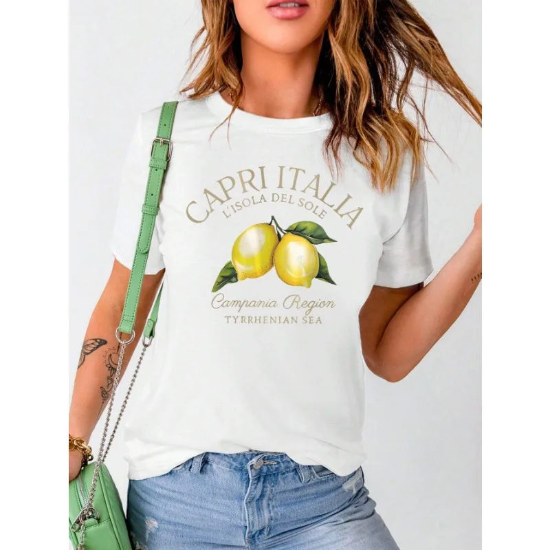 Fruit Lemon Letter Print Fashion Cotton Street Print Plus Size Comfort Round Neck Tee Casual Women's T-Shirt