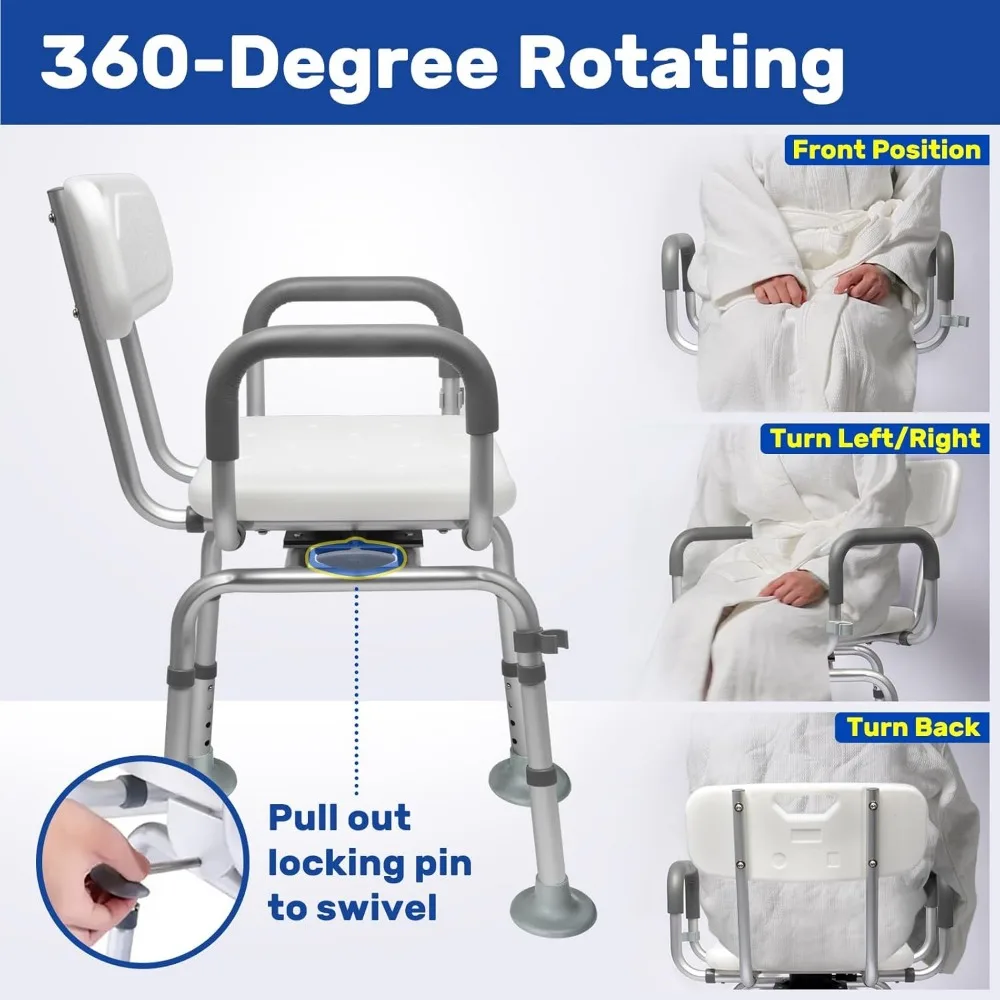 360° Swivel Shower Chair with Back and Arms,Rotating Swivel Bath Chair Handicap Shower Chair with Cold-Proof Pads,Support 400lbs