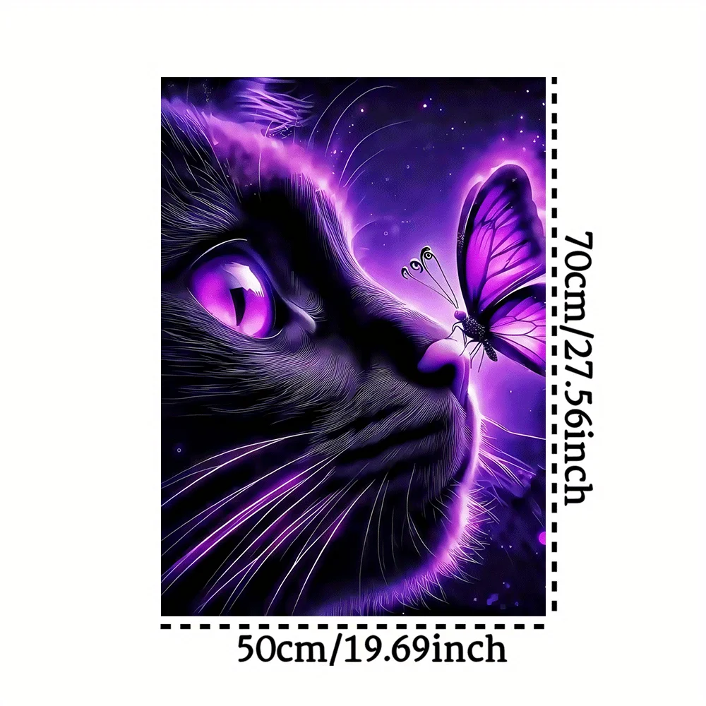 1000 قطعة قطة سوداء مع عيون أرجوانية، أحجية الصور المقطوعة ذات السماء المرصعة بالنجوم والفراشة - تصميم مشهد ليلي وردي أرجواني نابض بالحياة، كبير للبالغين