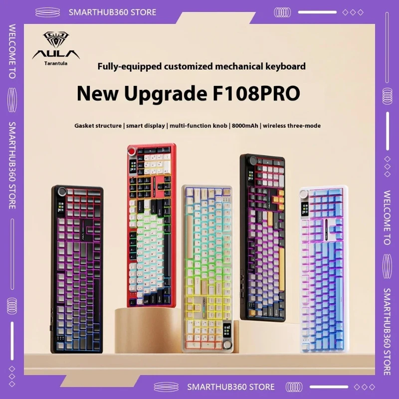 

AULA F108 Pro 3Mode Hot Swap RGB Gasket Wireless Mechanical Keyboard FR4 Gold-Plated Positioning Board Custom Gaming Keyboard