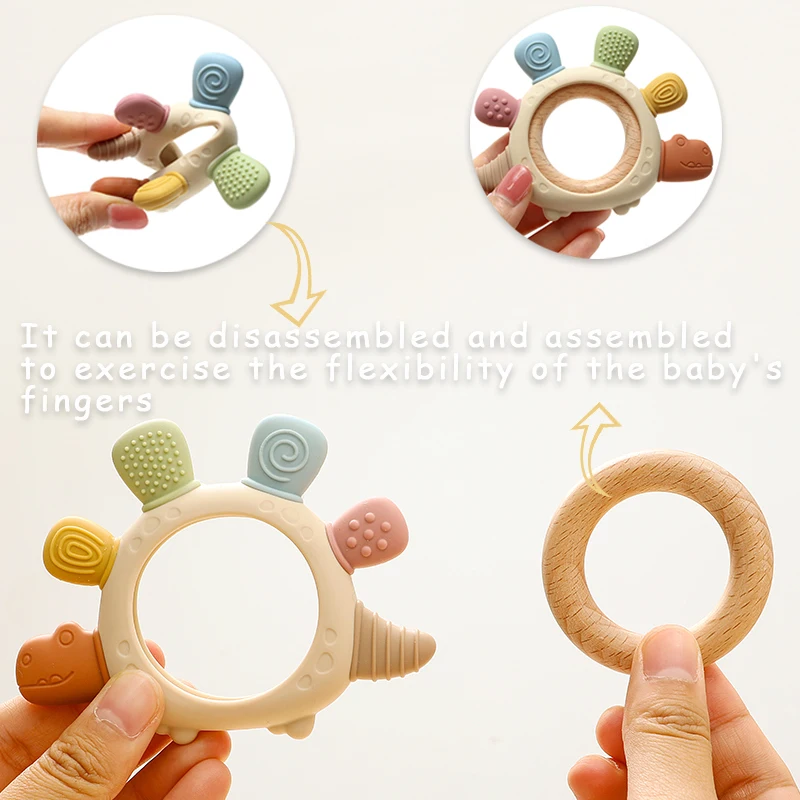 الكرتون ستيجوسورس الطفل حلقة خشبية سيليكون ألعاب التسنين سهلة الإمساك هدية الوليد BPA الحرة الملونة الرضع مضغ لعبة المولي