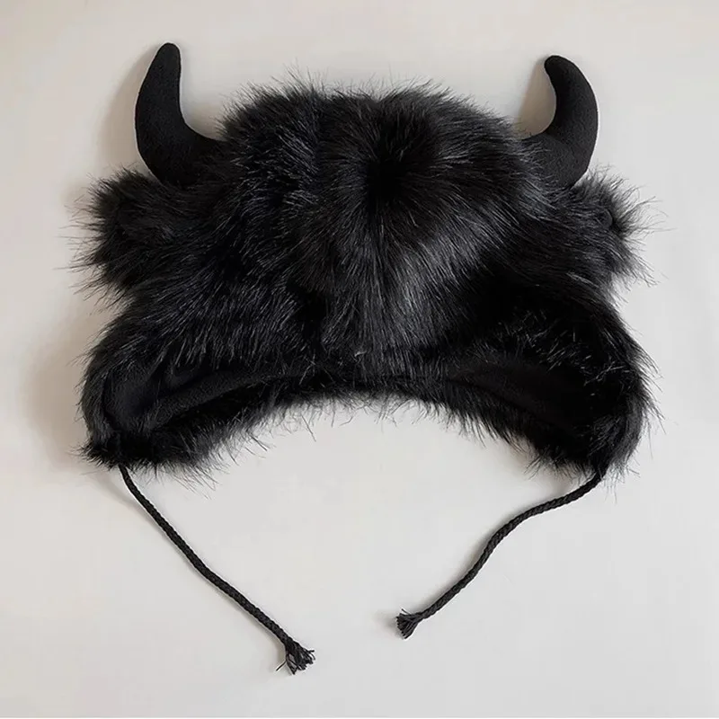 1 قطعة قبعة شتوية دافئة لحماية الأذن مضحكة برأس الثور من القطيفة - قبعة مقاومة للرياح والبرد للنساء لركوب الدراجات في الهالوين